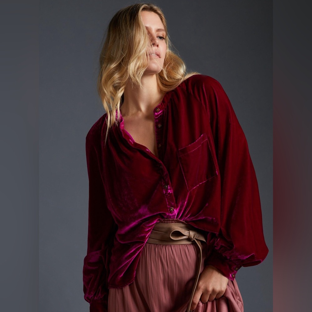 Pilcro Velvet Femme Buttondown Shirt in Plum NEW
